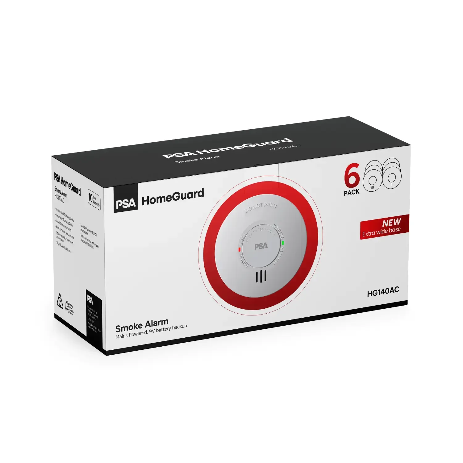 PSA HomeGuard HG140AC 240V Photoelectric Smoke Alarm, 9V Battery Backup (6 Pack)