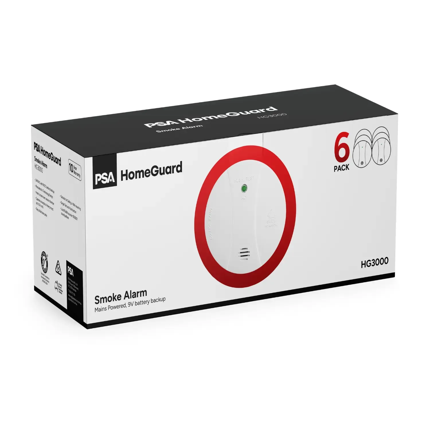 PSA HomeGuard HG3000 240V Photoelectric Smoke Alarm, 9V Battery Backup (6 Pack)