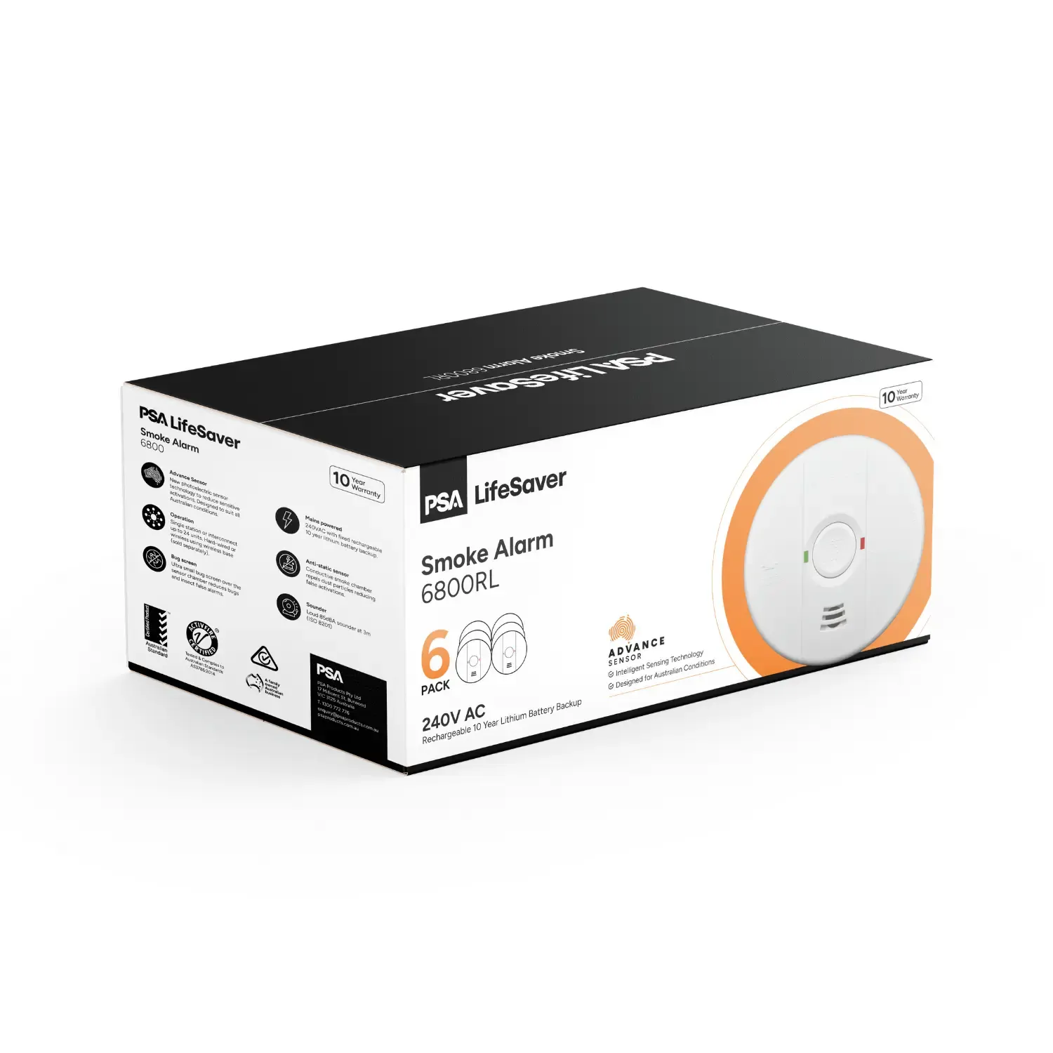 PSA Lifesaver LIF6800RL 240V Photoelectric Smoke Alarm, 10 Year Rechargeable Lithium Battery (6 Pack)