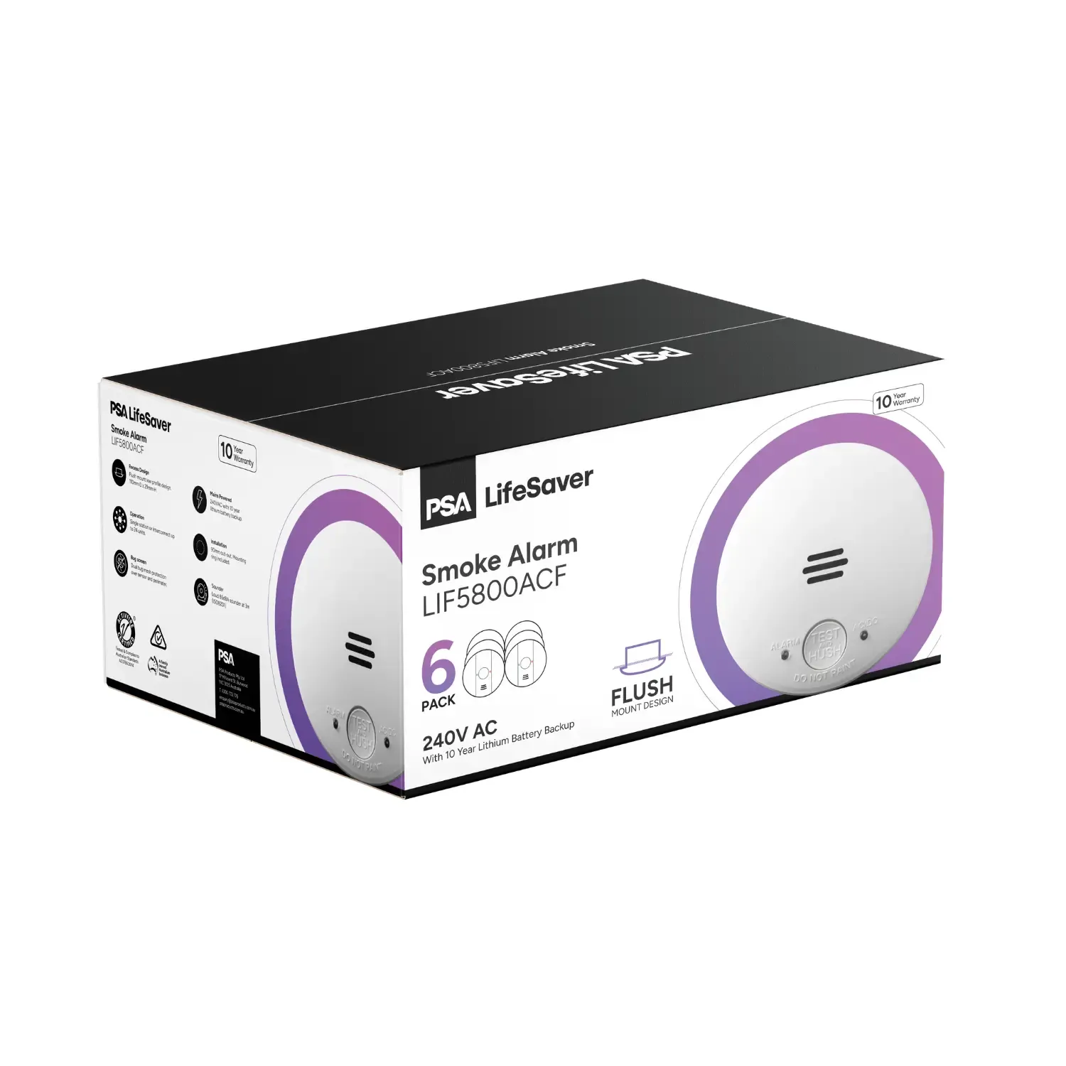 PSA Lifesaver LIF5800ACF 240V Flush Smoke Alarm, 10 Year Lithium Battery (6 Pack)
