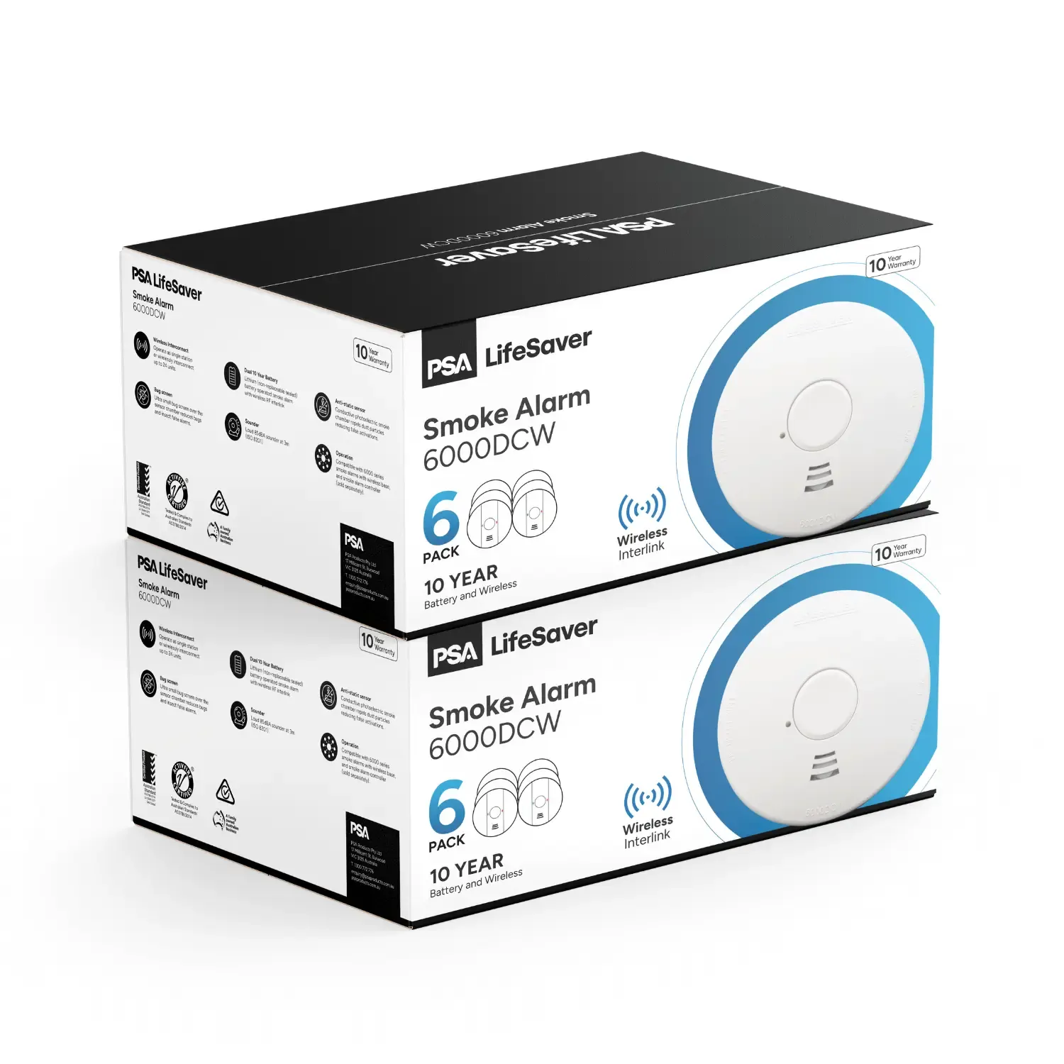 PSA Lifesaver LIF6000DCW Smoke Alarm, 10 Year Lithium Battery with Wireless RF Interlink (12 Pack)