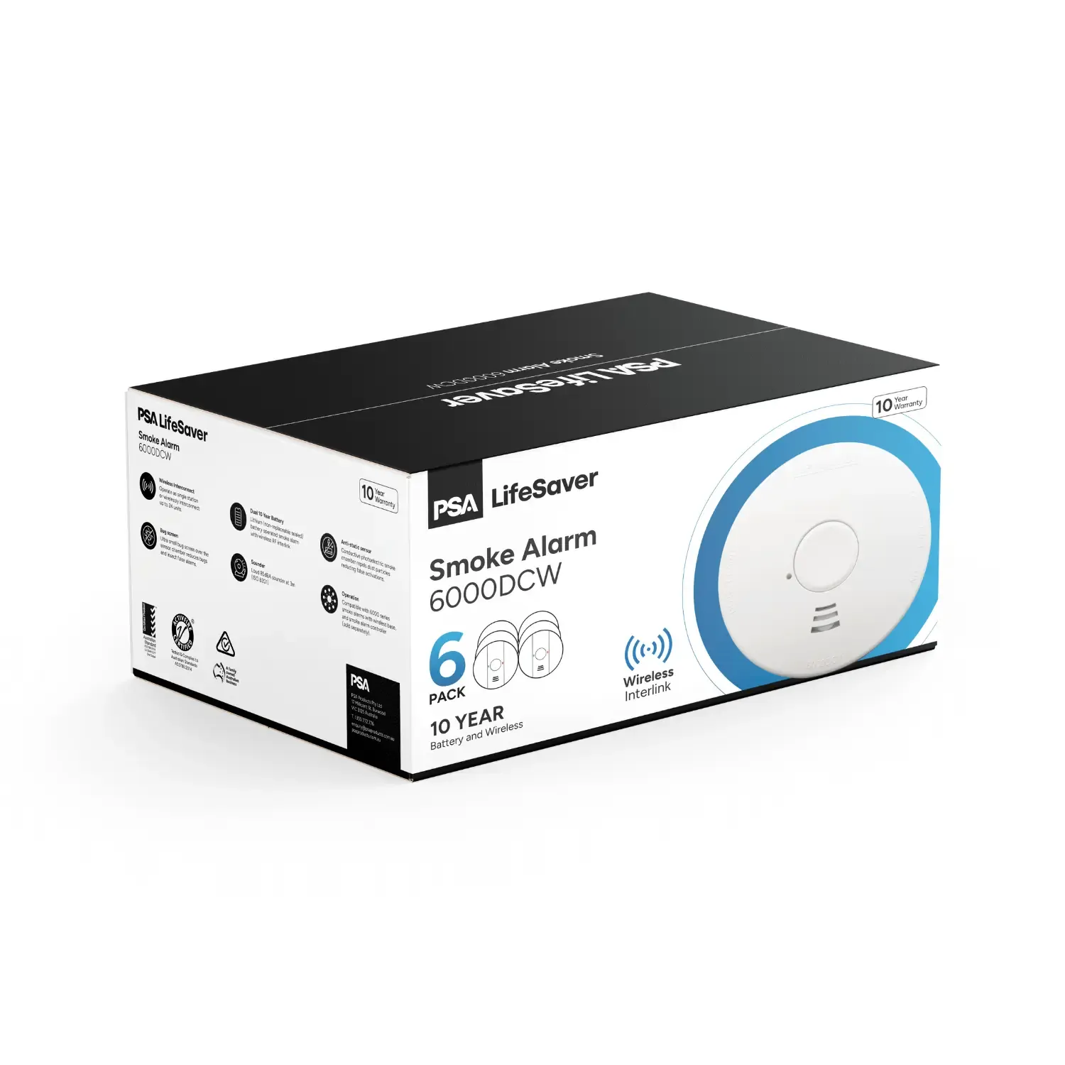 PSA Lifesaver LIF6000DCW Smoke Alarm, 10 Year Lithium Battery with Wireless RF Interlink (6 Pack)